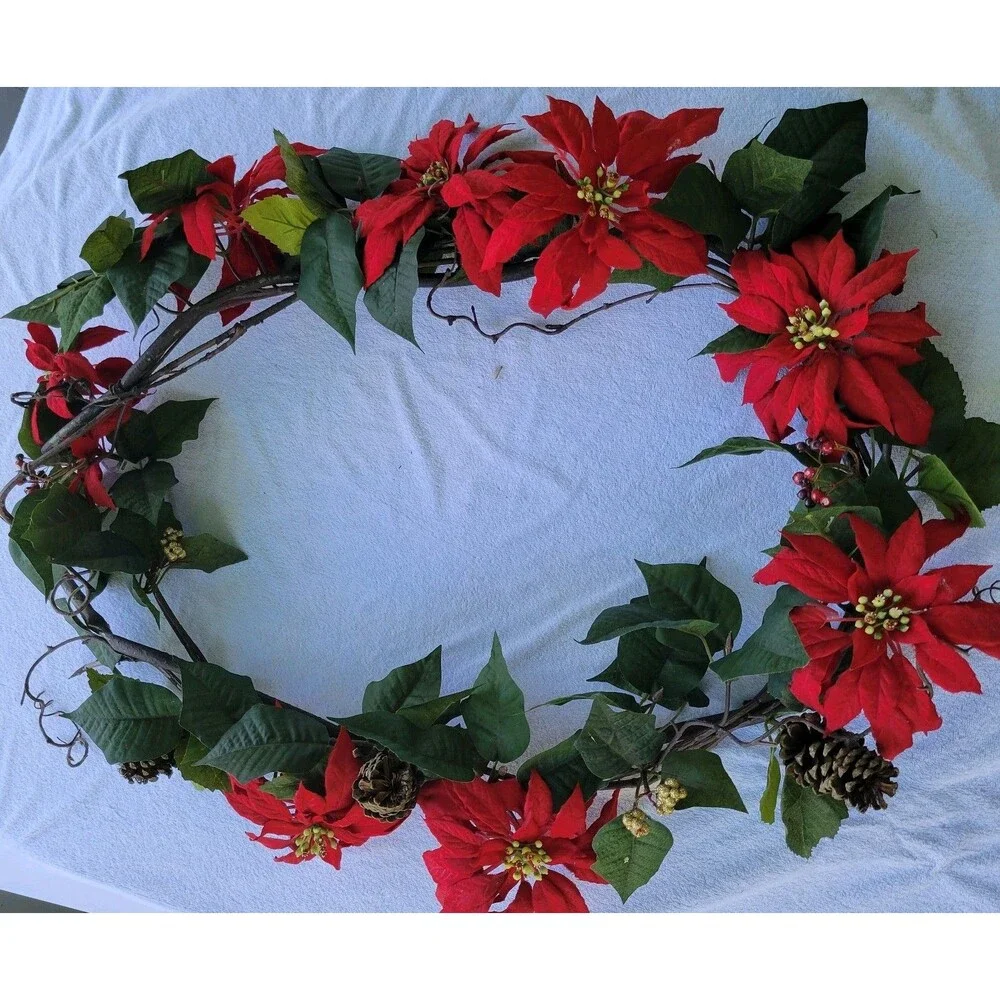 Red Poinsettia & Berry 6ft Mantel Door Stair Flower Swag Arrangement Christmas